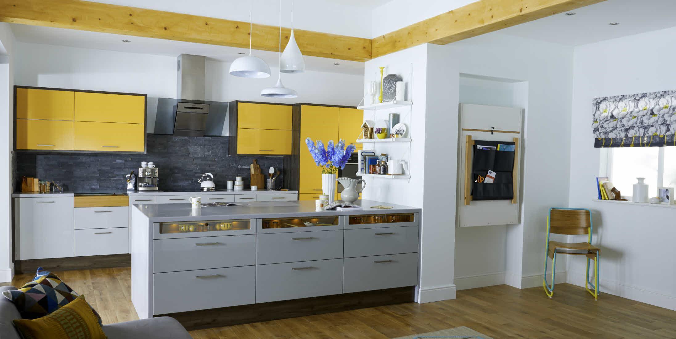 The illuminating yellow o the cupboard shall put a smile on your face when you walk into the kitchen every morning 